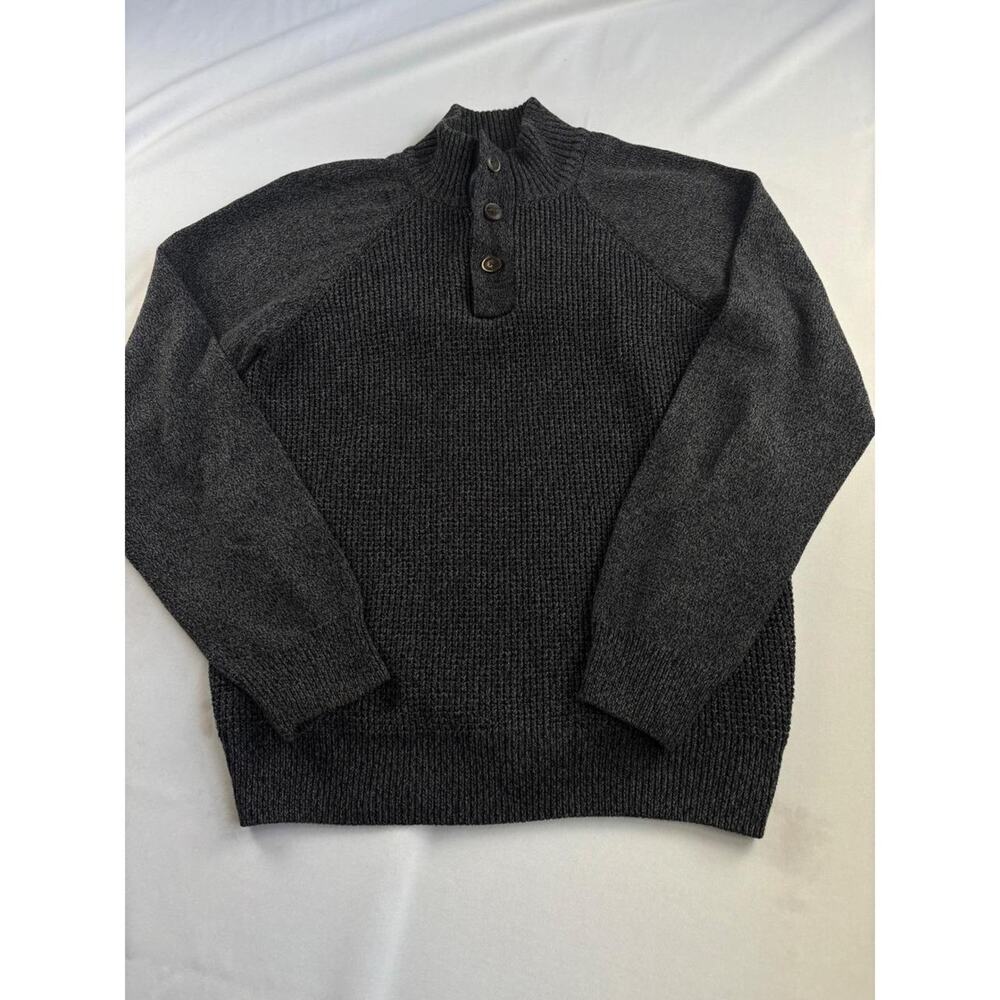 Weatherproof Vintage Mens L Charcoal Gray Waffle Knit Mock Neck Button Sweater